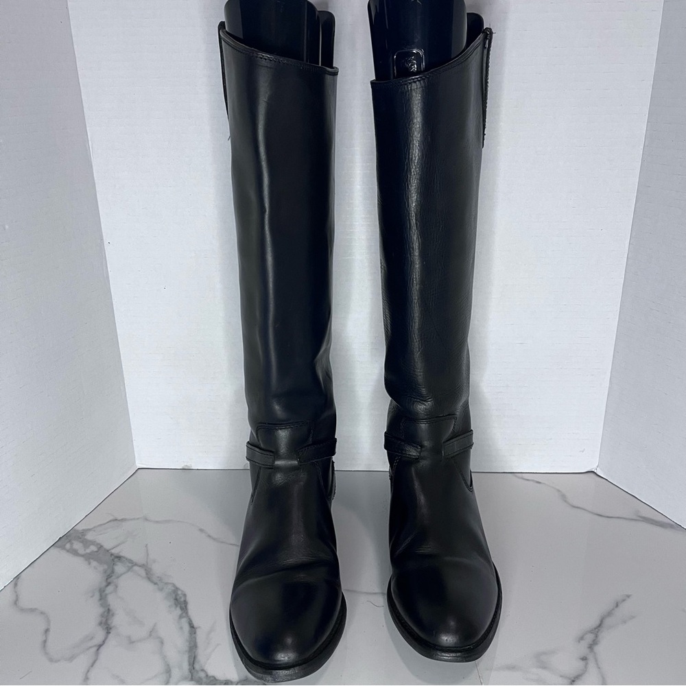 Frye Lindsay Plate Tall Boots Black Leather Size 7 Classic Moto Equestrian - Picture 3 of 10